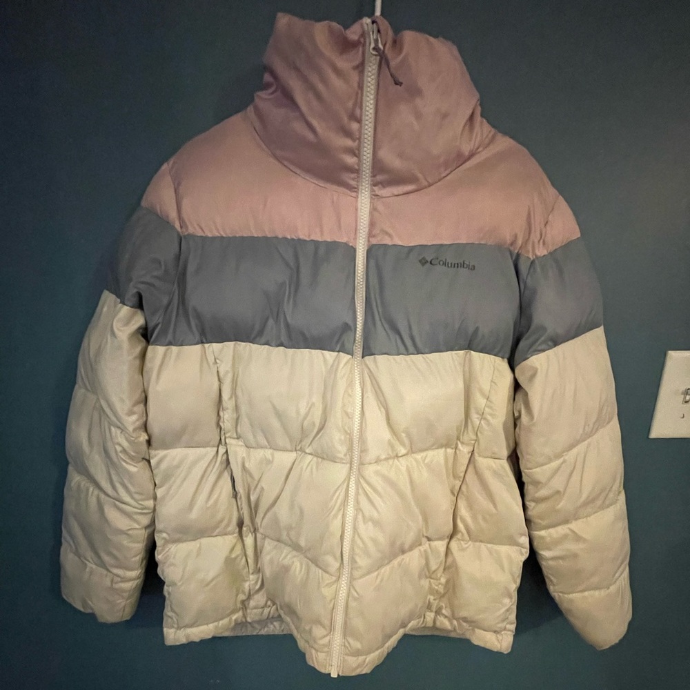 Columbia Pink, Gray, and Cream Puffer Jacket